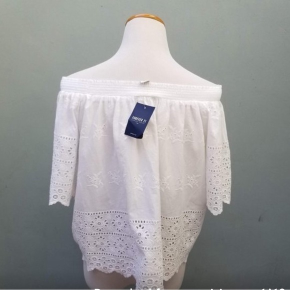 Forever 21 Eyelet Embroidered Top Smocked Off Shoulder White Medium - Picture 3 of 4